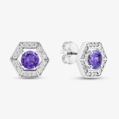Sterling Silver Rhodium Plated Purple Cubic Zirconia Hexagon Stud Earrings 8.57.0020