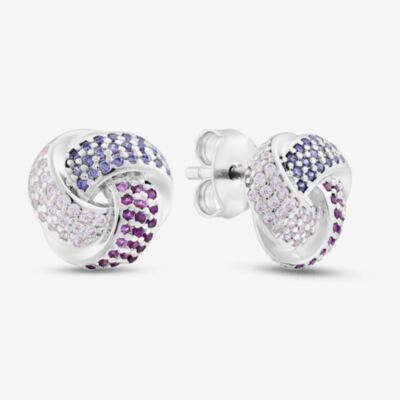 Sterling Silver Rhodium Plated Pink Cubic Zirconia Pave Knot Stud Earrings 8.57.0029