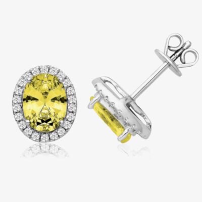 Sterling Silver Oval Yellow Cubic Zirconia Halo Stud Earrings SEG0025YZ