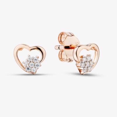 Fashionista Gold Rose Gold Tone Plated Sterling Silver Open Heart & Cubic Zirconia Flower Stud Earrings 05S2AZE607910