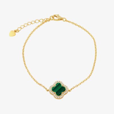LUXE Silver Gold Plated Malachite & Cubic Zirconia Large Clover Bracelet 8.23.7963