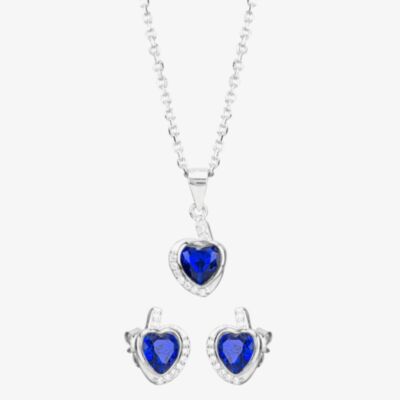 Silver Blue Cubic Zirconia Wrapped Heart Pendant and Earring Set E614598+E614598-P