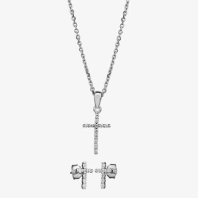 Silver Cubic Zirconia Cross Pendant and Earring Set SET10532