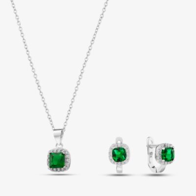 Silver & Cubic Zirconia Square-Shape Cluster Necklace & Earring Set SET16685 