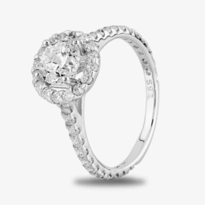 Starbright Silver Round Cubic Zirconia Halo Shouldered Ring R3578 3A