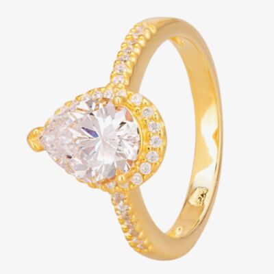 Starbright Gold Pear-Cut Cubic Zirconia Halo Shouldered Ring R6163 3A GP
