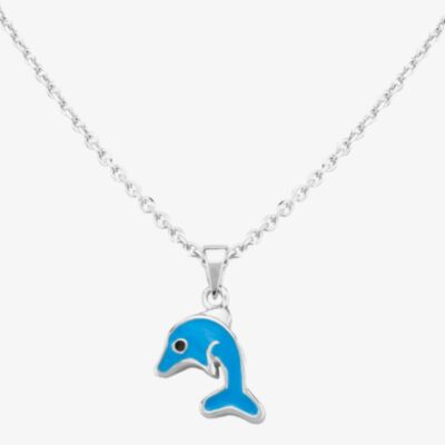 Fleur Kids Sterling Silver Blue Enamel Dolphin Pendant Necklace AZP222904