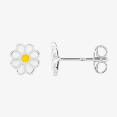 Fleur Kids Sterling Silver White And Yellow Enamel Flower Stud Earrings AZE030104