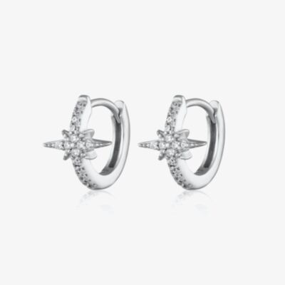 Scream Pretty Starburst Silver Rhodium Plated Cubic Zirconia Star Huggie Hoop Earrings SPS-217