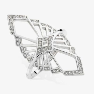 Lucy Quartermaine Silver Art Deco White Topaz Mirror Chrysler Ring ADR6L