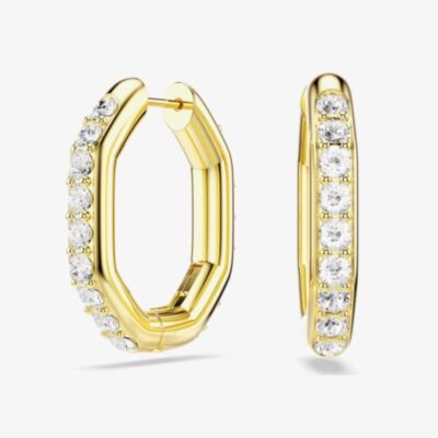 Swarovski Dextera Gold Tone Plated White Crystal Octogan Hoop Earrings 5724584