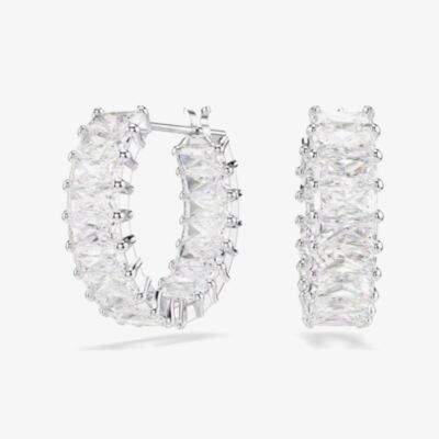 Swarovski Matrix Rhodium Plated Baguette Cut White Zirconia Hoop Earrings 5733397