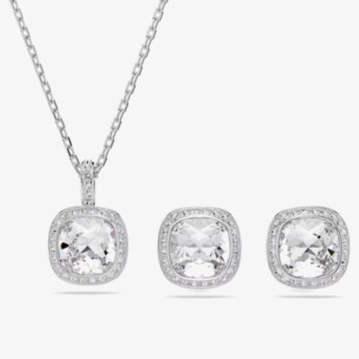 Swarovski Una Angelic Rhodium Plated Cushion Cut Halo Jewellery Set 5754343
