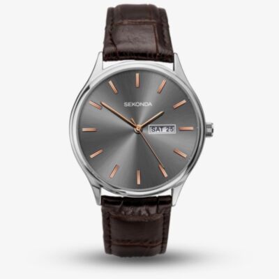 Sekonda Mens Grey Dial Brown Leather Strap Watch 1685
