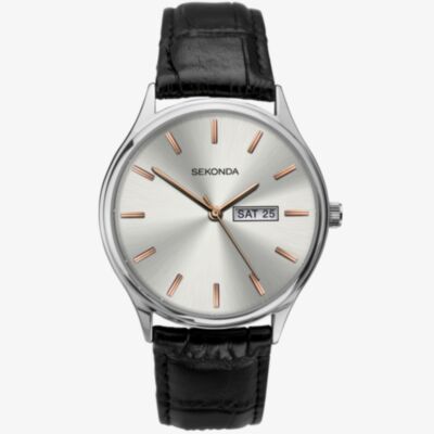 Sekonda Black Leather Silver and Rose-Gold Dial Strap Watch 1686