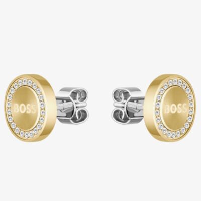 BOSS Iona Gold Tone Crystal Round Logo Stud Earrings 1580557