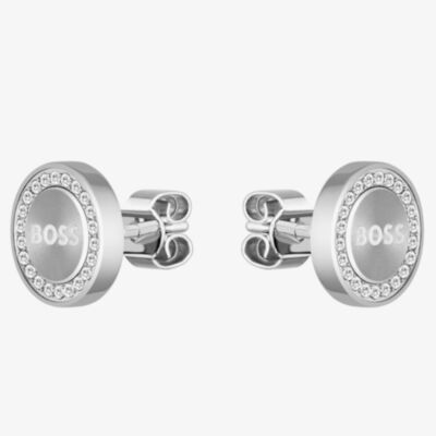 BOSS Iona Silver Tone Crystal Round Logo Stud Earrings 1580558
