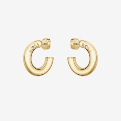BOSS Gold Tone Crystal Logo Hoop Earrings 1580690