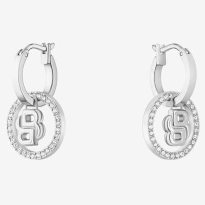 BOSS Double B Divine Silver Tone Drop Huggie Hoop Earrings 1580820
