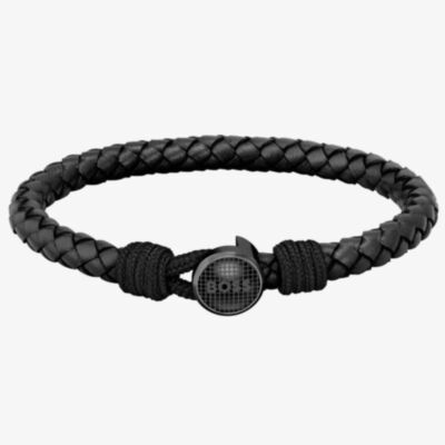 BOSS Thad Black IP and Braided Black Leather Bracelet 1580468M