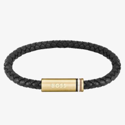 BOSS Gold Tone Braided Black Leather Bracelet 1580624