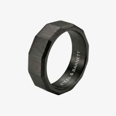 Steel & Barnett Arc Black Stainless Steel Wide Facet Band Ring R-ARC04