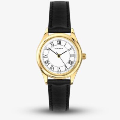 Sekonda Ladies Evans Gold Plated Black Leather Strap Watch 40686