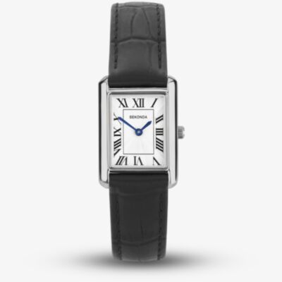 Sekonda Ladies Classic Colette Silver Rectangular Dial Black Leather Strap Watch 40744