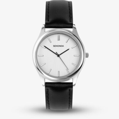 Sekonda Mens Evans Silver Dial Black Leather Strap Watch 30252