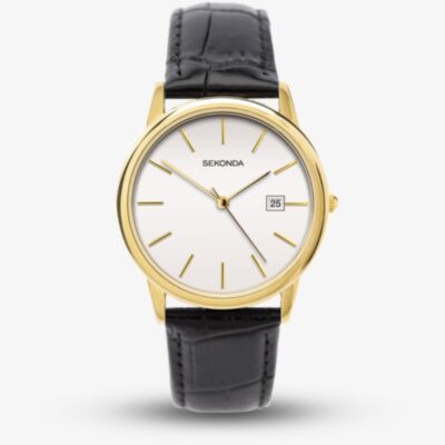Sekonda Mens Gold Tone Black Leather Strap Watch 1718