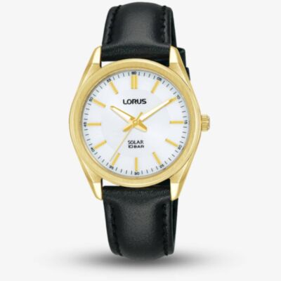 Lorus Solar Gold Plated Black Leather Strap Watch RY518AX9