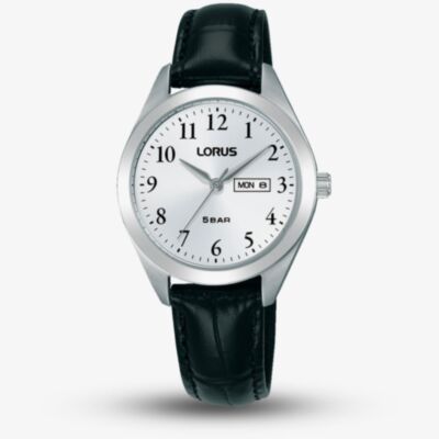 Lorus Ladies White Dial Day Date Black Leather Strap Watch RN807AX9