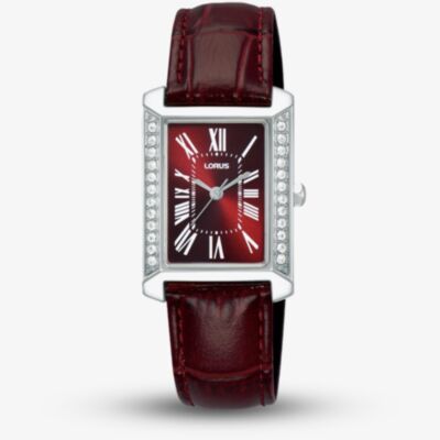 Lorus Ladies Rectangular Red Dial Leather Strap Watch RG239YX9