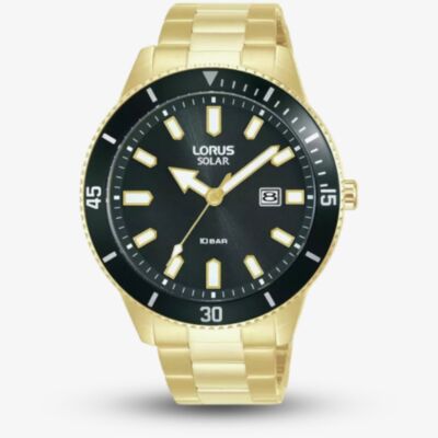 Lorus Mens Solar Gold Tone Black Dial Watch RX308AXZ