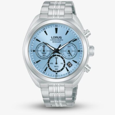 Lorus Mens Chronograph Light Blue Dial Stainless Steel Bracelet Watch RT385KX9