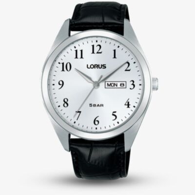 Lorus Mens White Dial Day Date Black Leather Strap Watch RJ673AX9