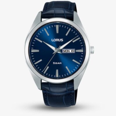 Lorus Mens Day Date Blue Leather Strap Watch RJ669AX9