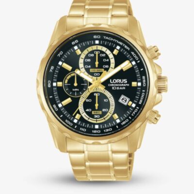 Lorus Mens Sports Chronograph Gold Tone Bracelet Watch RM378JX9
