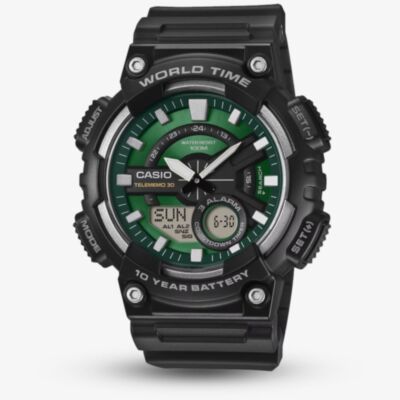 Casio Mens Green Face Series Dual Display Black Watch AEQ-110W-3A2VEF