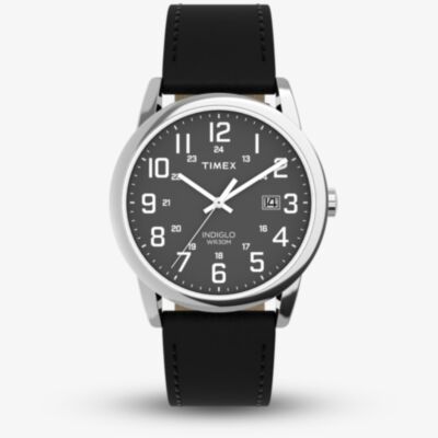 Timex Mens Easy Reader Black Dial Black Leather Strap Watch TW2Y12800