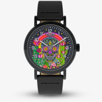 Timex Mens Weekender Day Of The Dead Black Leather Strap Watch TW2Y15900