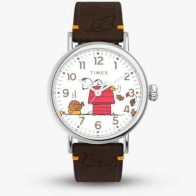 Timex Mens X Peanuts Thanksgiving Black Leather Strap Watch TW2W44300