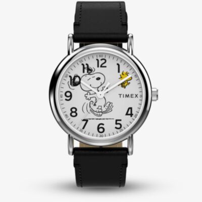 Timex Unisex X Peanuts Snoopy Dancing Black Leather Strap Watch TW2Y31000