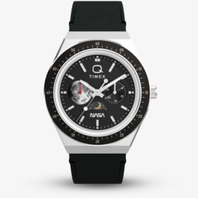 Timex x NASA Mens Q Space Black Leather Strap Watch TW2Y56800