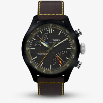 Timex Mens Waterbury Ace Fly-Back Chronograph Brown Leather Strap Watch TW2Y70100