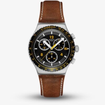 Swatch Canyon Chaser Brown Leather Strap Chronograph Watch YVS530