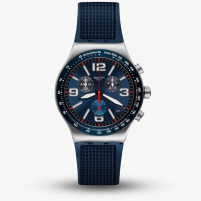 Swatch Blue Grid Chronograph Blue Rubber Strap Watch YVS454