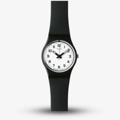 Swatch Ladies Black Rubber Strap White Round Dial Watch LB153