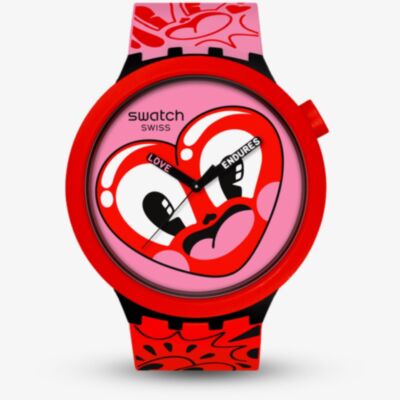 Swatch Unisex Hattie Heart Pink & Red Heart Dial Watch SB05Z103