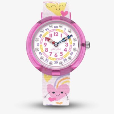 Flik Flak Bouncing Hearts Pink & Yellow Fabric Watch FBNP223